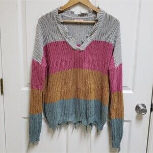 Andree By Unit Sweater Women Large Colorblock Striped Chewed Frayed Boho Grunge